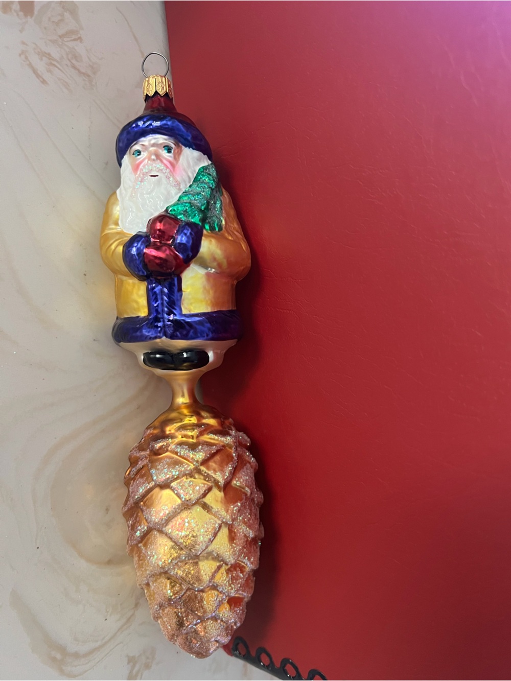Christopher Radko Gold, Blue and Green Santa with Pinecone Ornament
